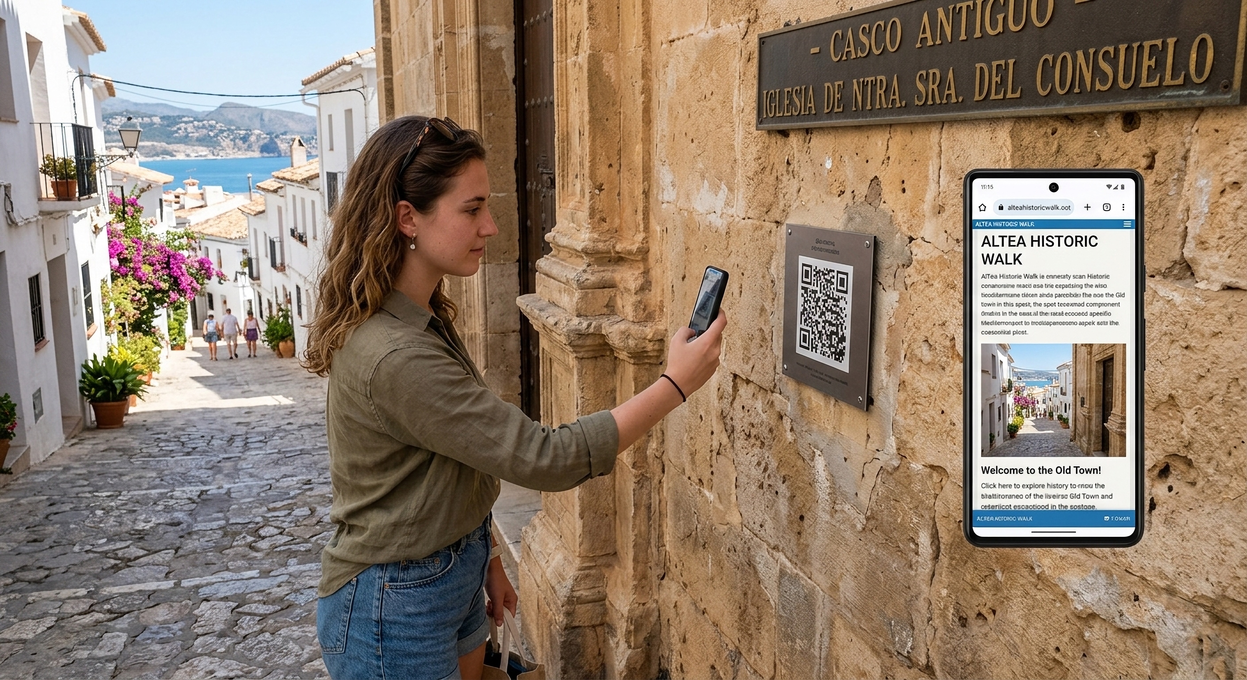 Visitante escaneando código QR en el casco histórico de Altea